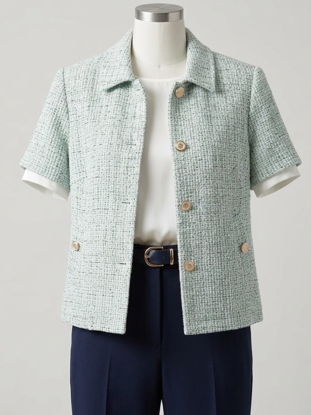 Soho Light Mint Tweed Short Sleeve Button-Front Top